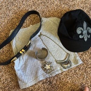 3 piece jewelry set, hat and belt.